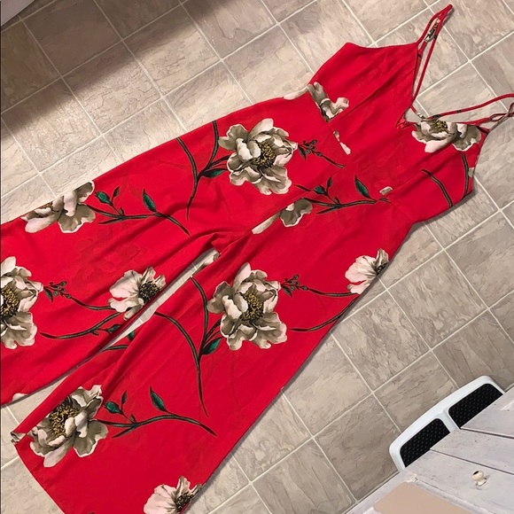 Forever 21 Pants - Red Flower Floral Jumpsuit Romper Long Pants